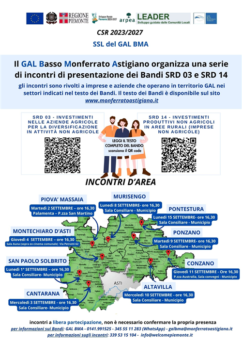 Incontri dedicati ai bandi per aziende e imprese del GAL Basso Monferrato Astigiano